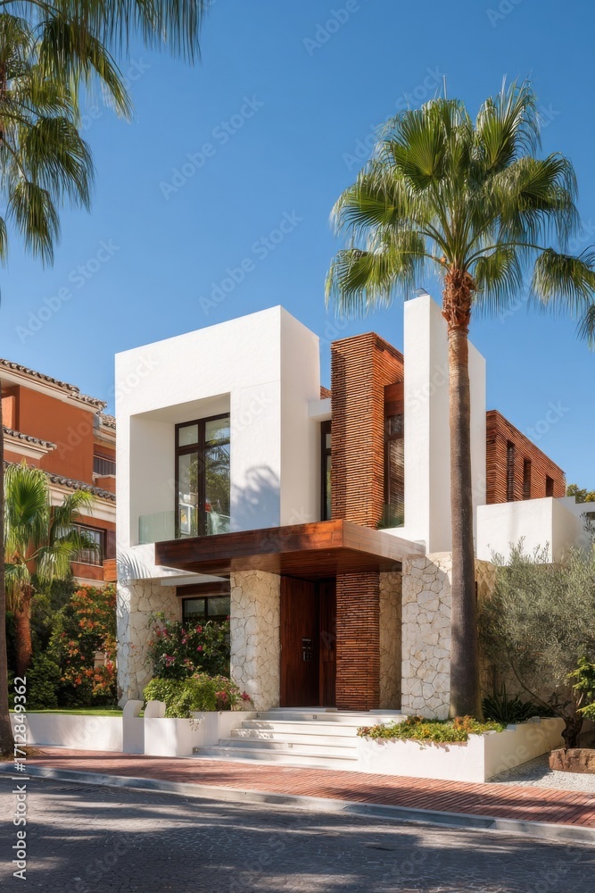 Fototapeta premium The contemporary architectural design of this chic house, beautifully nestled among lush palm trees, basks in a sunlit location under expansive, clear blue skies