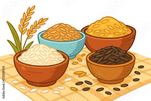 Vector illustration of rice varieties. White, brown, and black rice in bowls with paddy stalk. Concept for agriculture, grain, cereal, food diversity, and healthy ingredients.