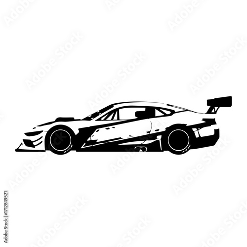 Sleek Black and White Sports Car Silhouette with Aerodynamic Design and Spoiler.