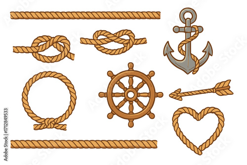 Nautical rope vector set. Marine cartoon collection with sea knots, ship anchor, boat helm, heart and circle frames. Sailor theme decorative elements for design projects.