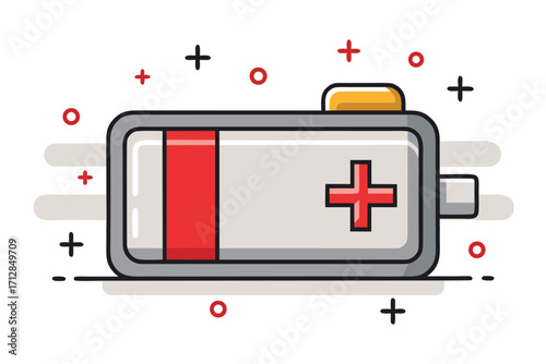 Cartoon Battery Illustration Depicting Energy Storage and Power Source with Red Accents
