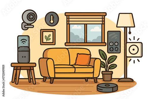 Smart home automation devices in modern living room interior, vector cartoon illustration with security camera, voice assistant, smart thermostat, robot vacuum, smart lamp, and plant decor