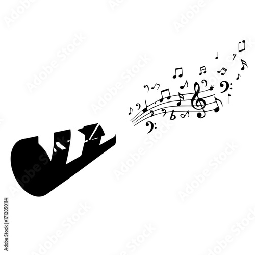 Silhouette of a Musical Instrument Releasing Flowing Musical Notes.