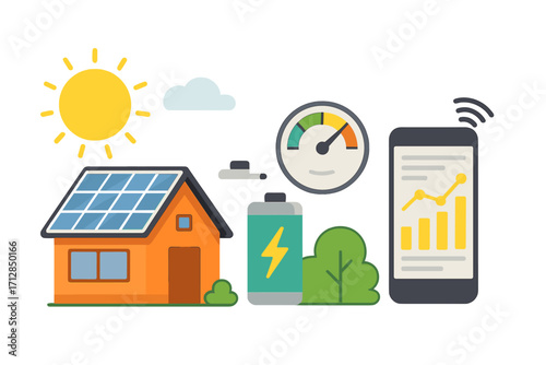 Solar energy concepts with house solar panels, battery storage, energy gauge, mobile device with analytics report, sustainable power generation, and eco-friendly technology illustration