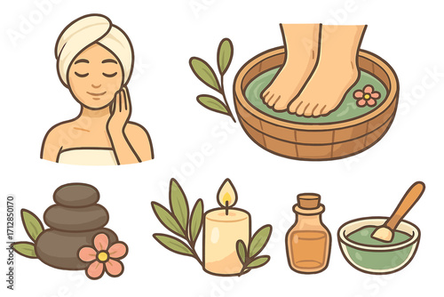 Spa icons representing relaxation, wellness, self-care, and rejuvenation in calming aesthetic design, cartoon vector illustration with natural elements, stones, candle, oil, foot soak, and skincare