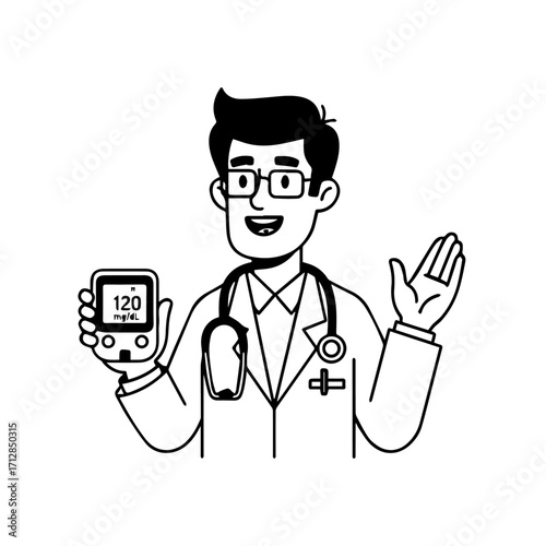 Smiling Doctor Holding Blood Glucose Meter Gesturing with Open Hand Medical Illustration.