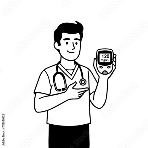 Smiling Doctor Holding and Pointing at a Blood Glucose Meter Displaying 120 mgdL.
