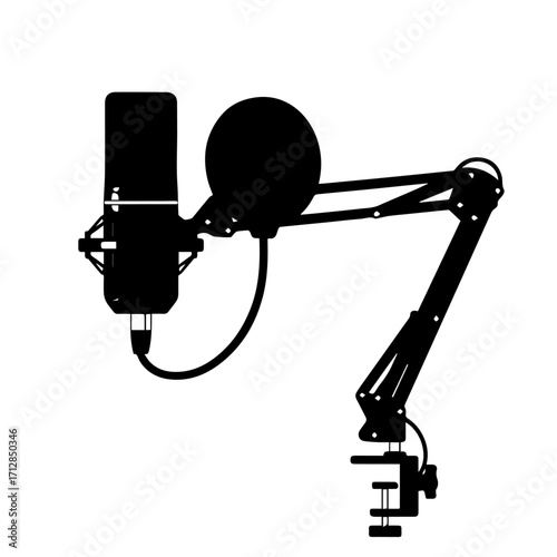 Silhouette of a Professional Studio Microphone with Pop Filter and Boom Arm.