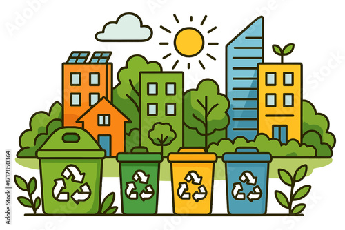 Sustainable urban living with eco-friendly recycling bins, green cityscape, solar panels, trees, and environmental conservation concept, colorful vector illustration