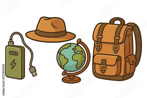 Travel essentials set for adventure lovers including power bank charger, explorer hat, world globe, and sturdy backpack ready for outdoor exploration and journey vector illustration