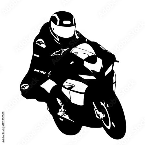 Silhouette of a Rider on a Sport Motorcycle Racing Pose Black and White.