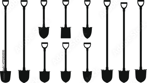 Shovel icons set, gardening spade and digging tools collection for farming landscaping construction, vector illustration