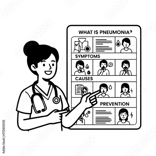 Smiling Female Doctor Pointing at Pneumonia Information Chart Black and White Illustration.