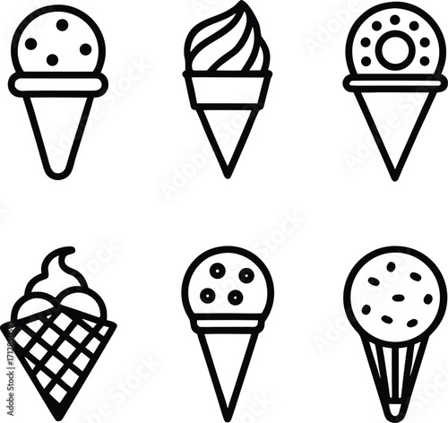 A charming collection of six distinct ice cream cone outline icons perfect for summer themes and dessert designs offering a variety of sweet treats.