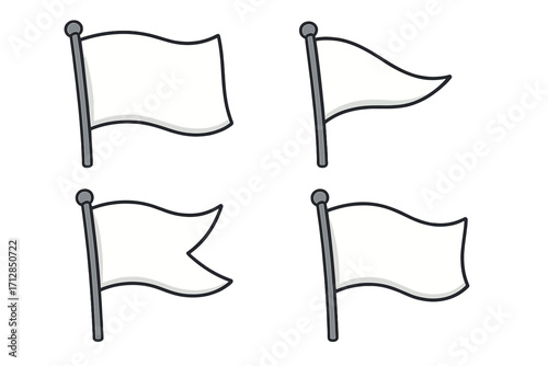 Unique waving flag designs on simple rods, showcasing diverse styles and shapes, vector cartoon illustration with transparent background, flag set, banner icons, empty flags collection