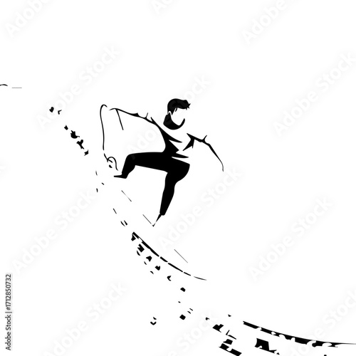 Silhouette of a Snowboarder Performing a Jump with Arms Outstretched in Motion.