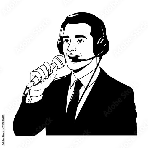 Smiling Man in Suit with Headset and Microphone Broadcasting or Speaking.