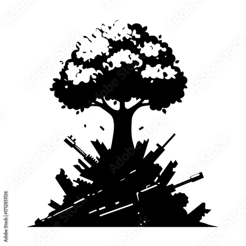Silhouette of a Tree Growing from a Pile of Weapons Symbolizing Peace.
