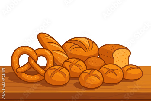 Assortment of freshly baked bread varieties including pretzels, rolls, baguette, and loaves. Bakery showcase vector illustration. Rustic morning bakery scene with golden-brown breads.