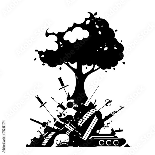 Silhouette of a Tree Growing from a Pile of Weapons Symbolizing Peace 1.