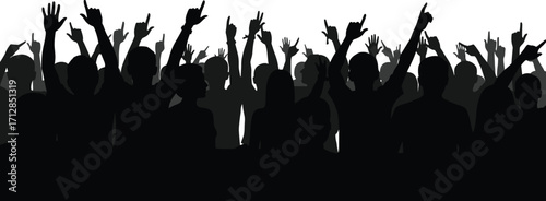 Silhouette crowd with raised hands, concert celebration, people cheering, peace signs, rally energy, black figures on white background, unity, excitement, vector illustration