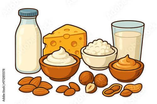 Variety of dairy and nut-based food products collection with milk, cheese, cream, yogurt, nuts, peanut butter, and almond vector cartoon illustration on transparent background