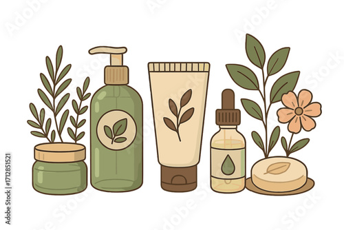 Natural skincare products set with botanical elements, plants, flowers, cream jars, pump bottle, dropper oil, soap bar, minimalist cosmetic vector illustration for beauty care