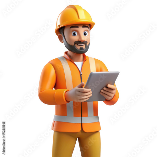 3d construction worker with tablet isolated on transparent background