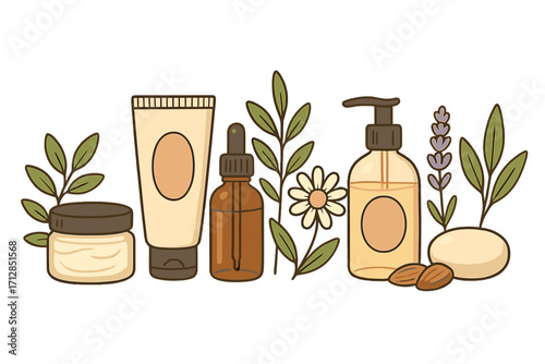 Natural skincare products variety with plants and flowers, organic beauty essentials, herbal cream, serum, soap, lotion, minimalistic cartoon illustration, vector transparent background