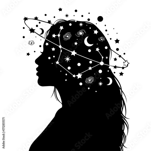 Silhouette of a Womans Head with Celestial Galaxy and Constellations Design.