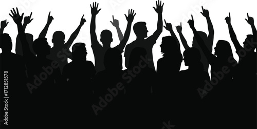 Silhouette crowd raising hands, unity celebration vector, people gathering illustration, protest rally concept, group support design, activism, freedom, teamwork