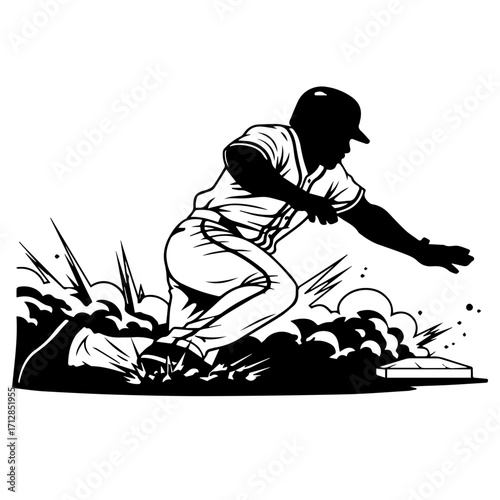 Silhouette of Baseball Player Sliding Towards Base Reaching Out Action Shot.