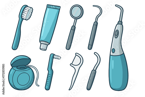 Set of Various Dental Tools for Effective Oral Hygiene and Care, Toothbrush, Dental Floss, Toothpaste, Mouth Mirror, Scaler, Floss Picks, Interdental Brush, Ultrasonic Scaler Vector Illustration