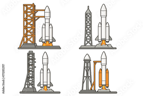 Various rocket launch pad designs with different structural configurations and support towers, detailed vector cartoon illustration for aerospace and space industry concepts