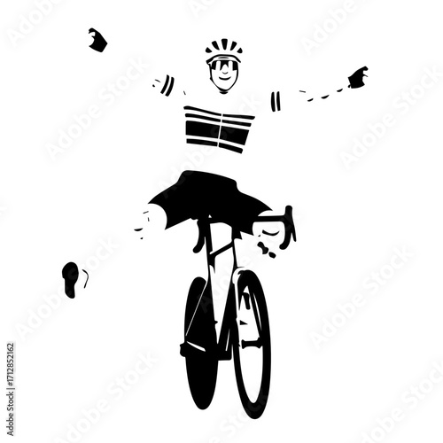 Silhouette of Cyclist Celebrating Victory with Arms Raised Wearing Helmet and Gear.