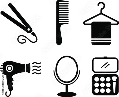 A collection of beauty and grooming icons including hair styling tools and makeup on a white background