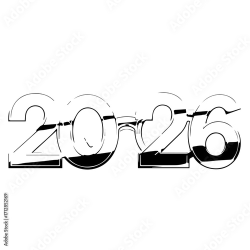 Stylized Black and White 2026 Number Graphic with Outlined Design.
