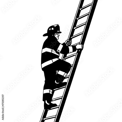 Silhouette of Firefighter Climbing a Wooden Ladder with Protective Gear and Helmet.