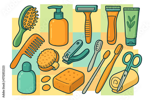 Various grooming tools and personal care items, vector cartoon illustration with combs, scissors, razors, nail clippers, brushes, soap, lotion, toothpaste tube in colorful wellness setting