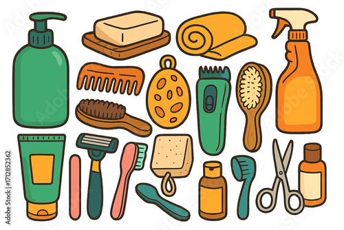 Colorful vector cartoon illustration of various grooming tools and personal care items arranged for wellness and hygiene concepts, including brushes, combs, razors, soap, towels, and spray bottles