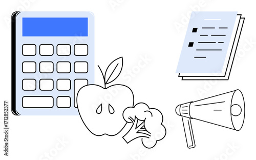 Calculator, apple, broccoli, documents, and megaphone emphasize calculation, healthy living, education, and communication. Ideal for nutrition math education awareness campaigns planning public