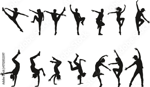 Silhouette dancers in dynamic poses, ballet, breakdance, contemporary movement, expressive choreography, vector illustration for performing arts, dance studio, and creative design