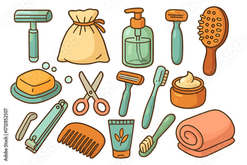 Various grooming tools and personal care items collection in colorful cartoon style, including razors, scissors, comb, soap, cream, toothbrush, nail clipper, and towel for wellness and hygiene
