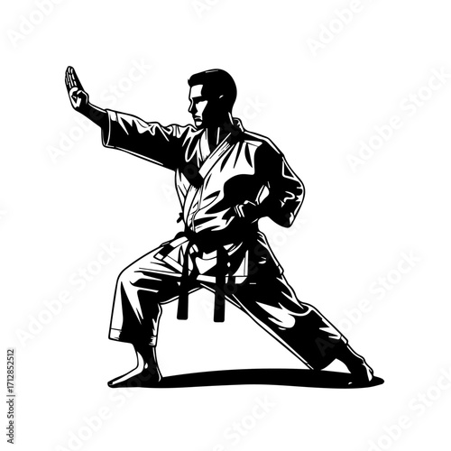 Silhouette of Karate Practitioner in Dynamic Fighting Stance Black and White.