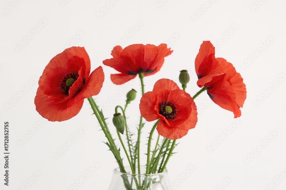 Naklejka premium Red poppy flowers against a plain white backdrop