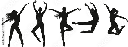 Silhouette dancers in motion, ballet and contemporary poses, graceful female figures leaping, elegant dance illustration, vector art for stock content