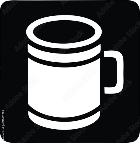 Simple black and white icon of a ceramic mug with a handle ideal for food and beverage graphics