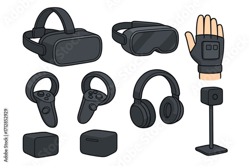 Virtual reality equipment set with VR headset, controllers, gloves, headphones, sensors for immersive tech experiences, futuristic gaming gear, vector cartoon illustration