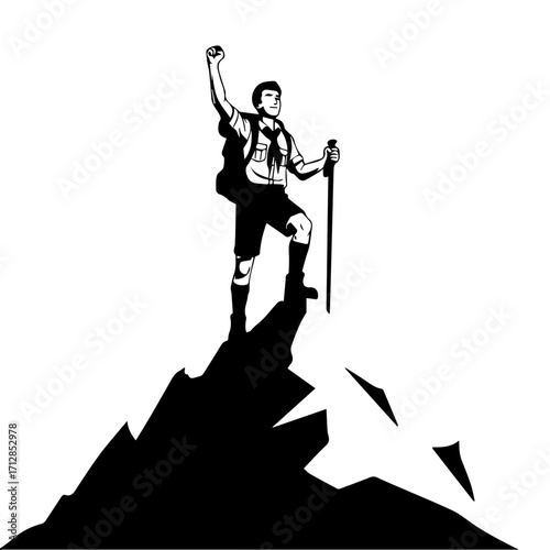 Silhouette of triumphant hiker with backpack and trekking pole on mountain peak.
