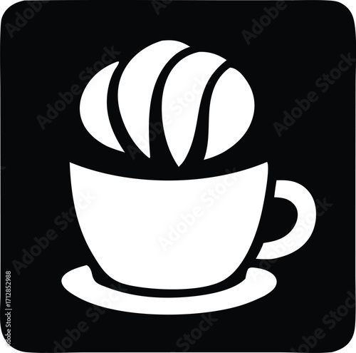 Stylized white coffee cup with swirls of cream or foam against a dark square background simple icon